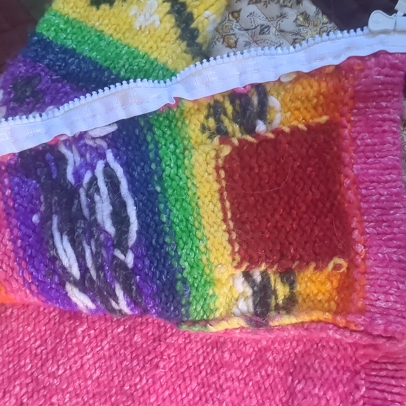 Handmade knit cowichan style boho rainbow wool zip front hooded baby sweater - Picture 8 of 16